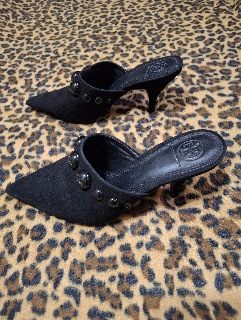 Tory Burch Georgina Studded Suede Kitten Heel Pointed Toe Mules Shoes Size 7